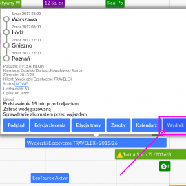 Wydruk zlecenia wyjazdu dla kierowcy z widoku kalendarza